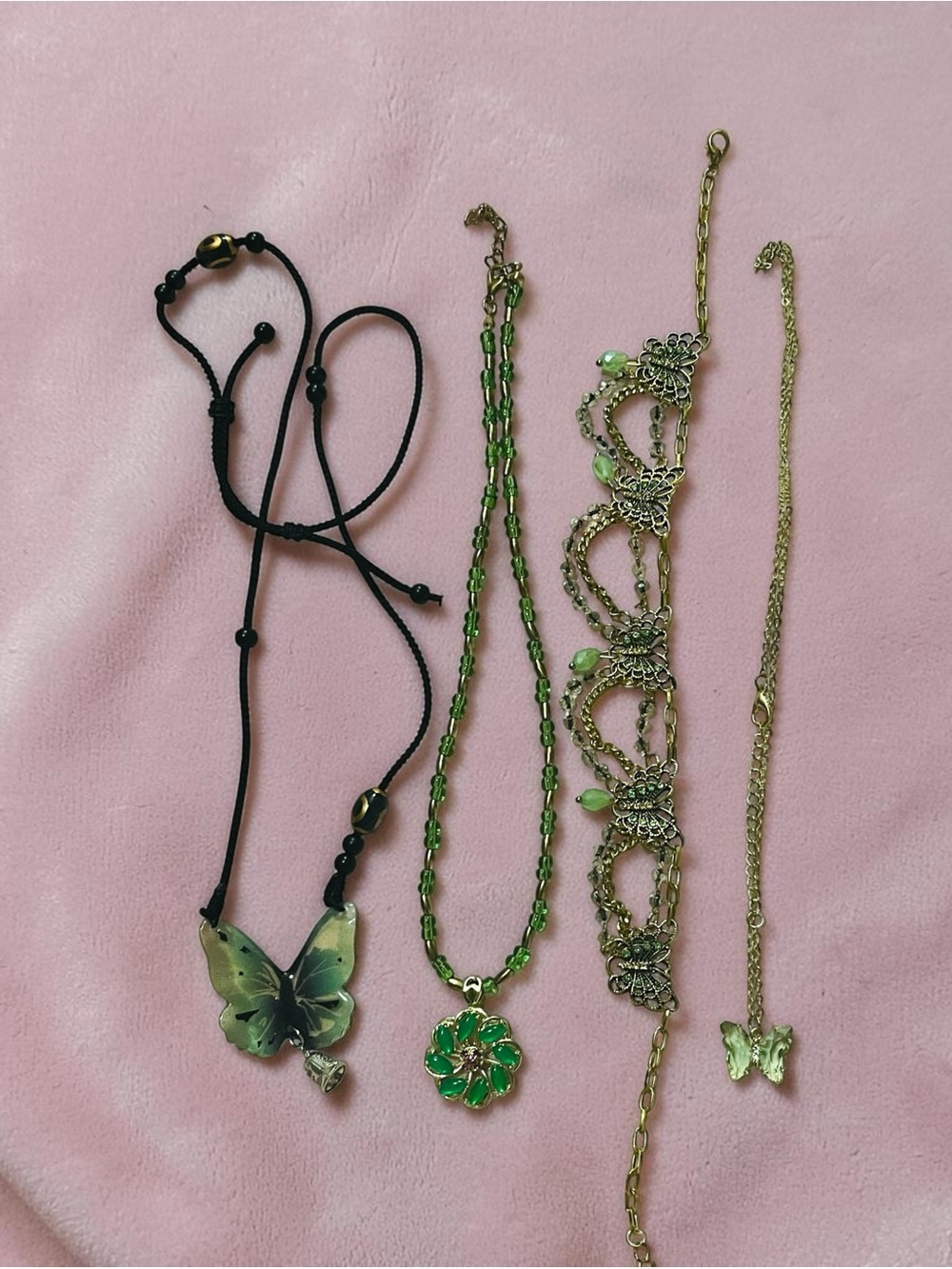 4 PC Green Butterfly & Floral Pendant Necklace Set with Gold-Tone Accents